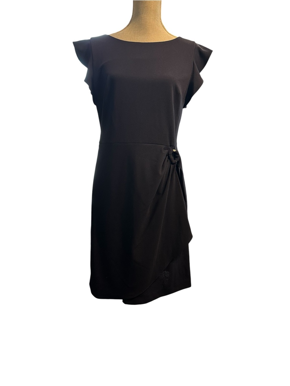 DKNY Flutter Sleeve Side O-Ring Draped Sheath Dress Navy Blue Size 8